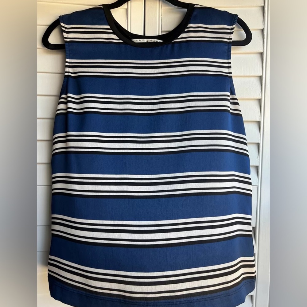 Trina Turk Tank Top Medium Blue Black White Stripes